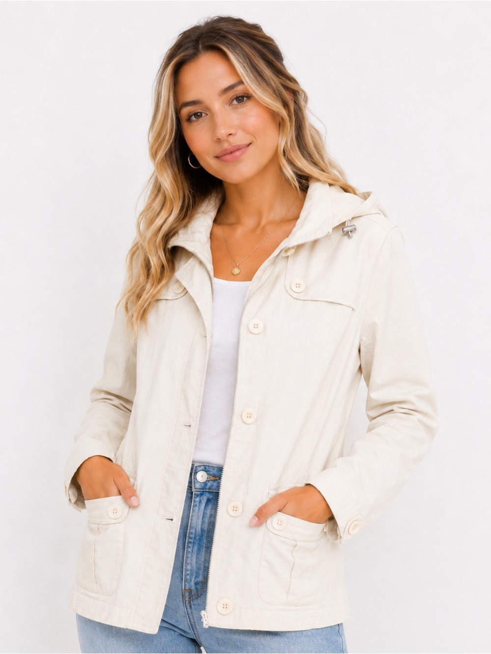 Lands’ End Women’s All-Weather Rain Jacket Ivory Cream Hooded Size Small 6-8